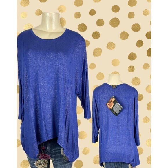 Iman S Blue Metallic Gold Pattern Crew Neck Relaxed Fit 3/4 Sleeve Hanky Hem Top - Picture 1 of 6